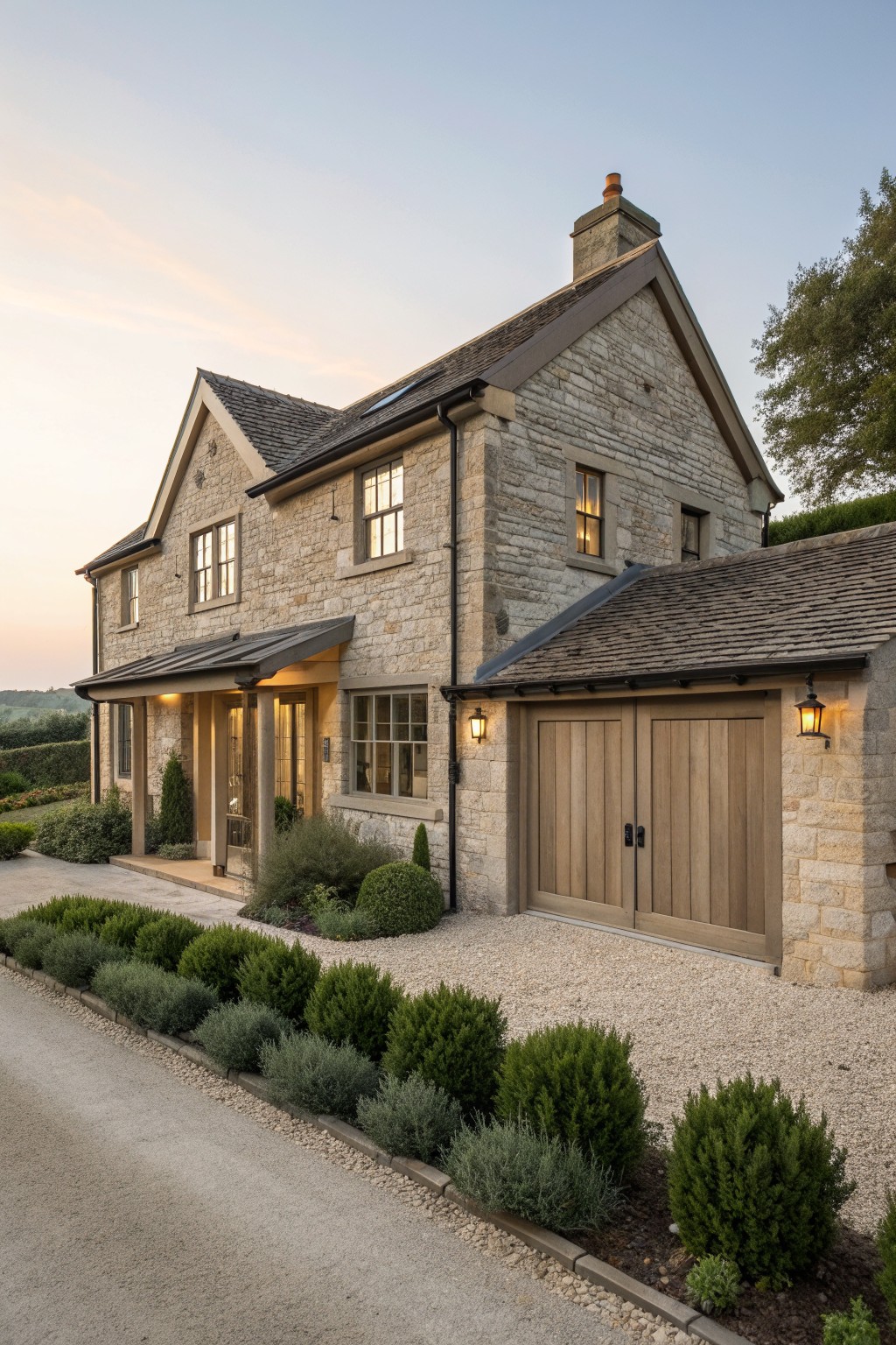 A two-story stone house with a wooden double garage door, gravel driveway, and low landscaping along the front.