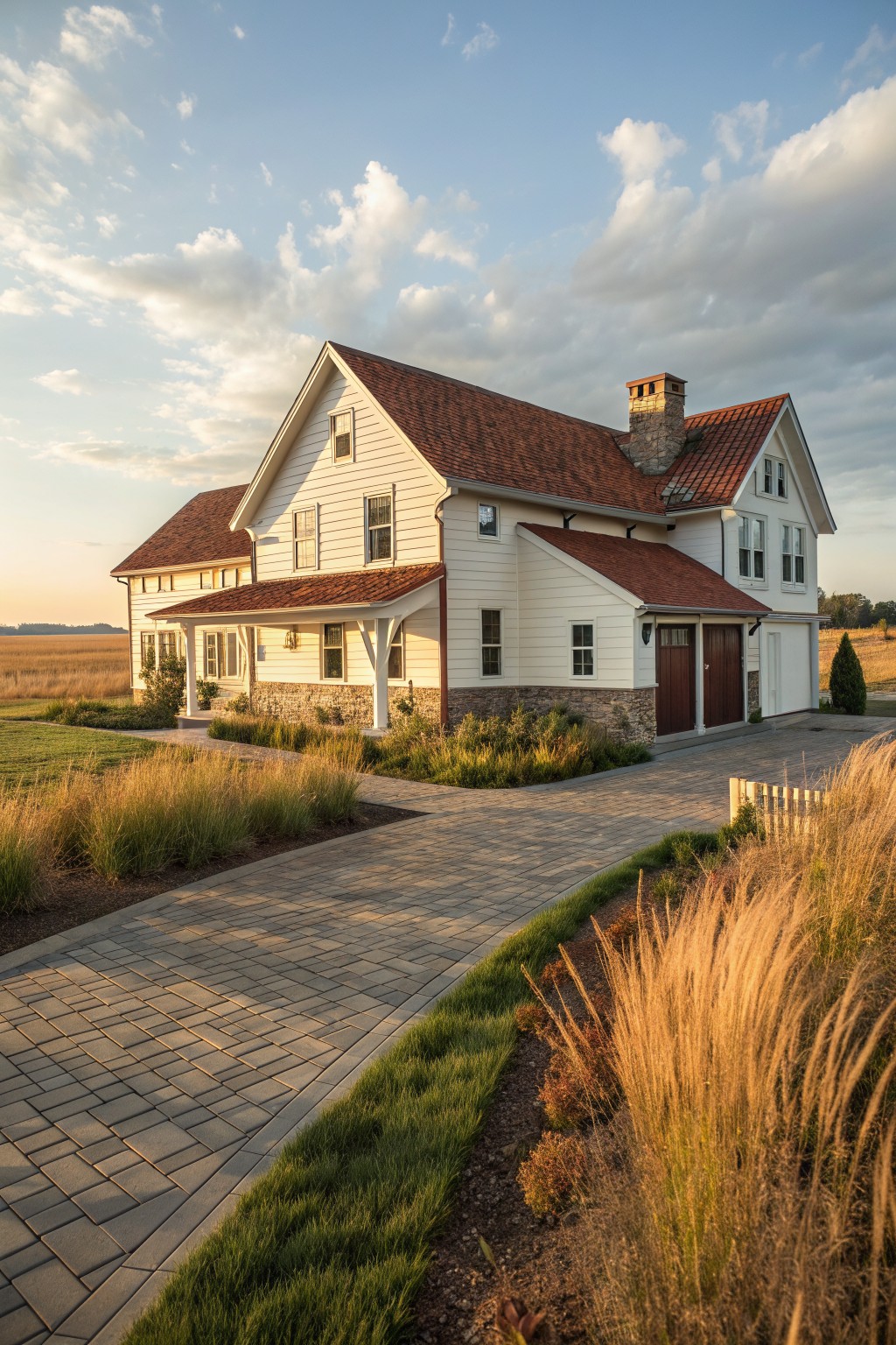 A white two-story farmhouse with red metal roofing, stone veneer along the foundation and garage, multiple gables, and a curved brick driveway lined with grasses.