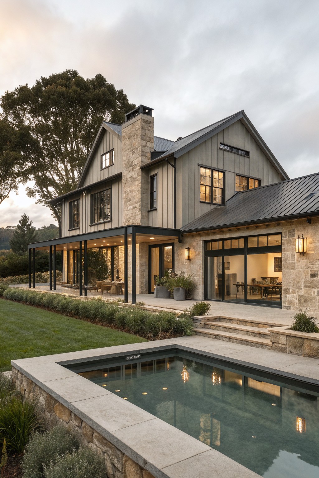 A two-story modern farmhouse exterior with light gray siding, stone chimney and accents, dark window frames, and a rectangular pool in the foreground.