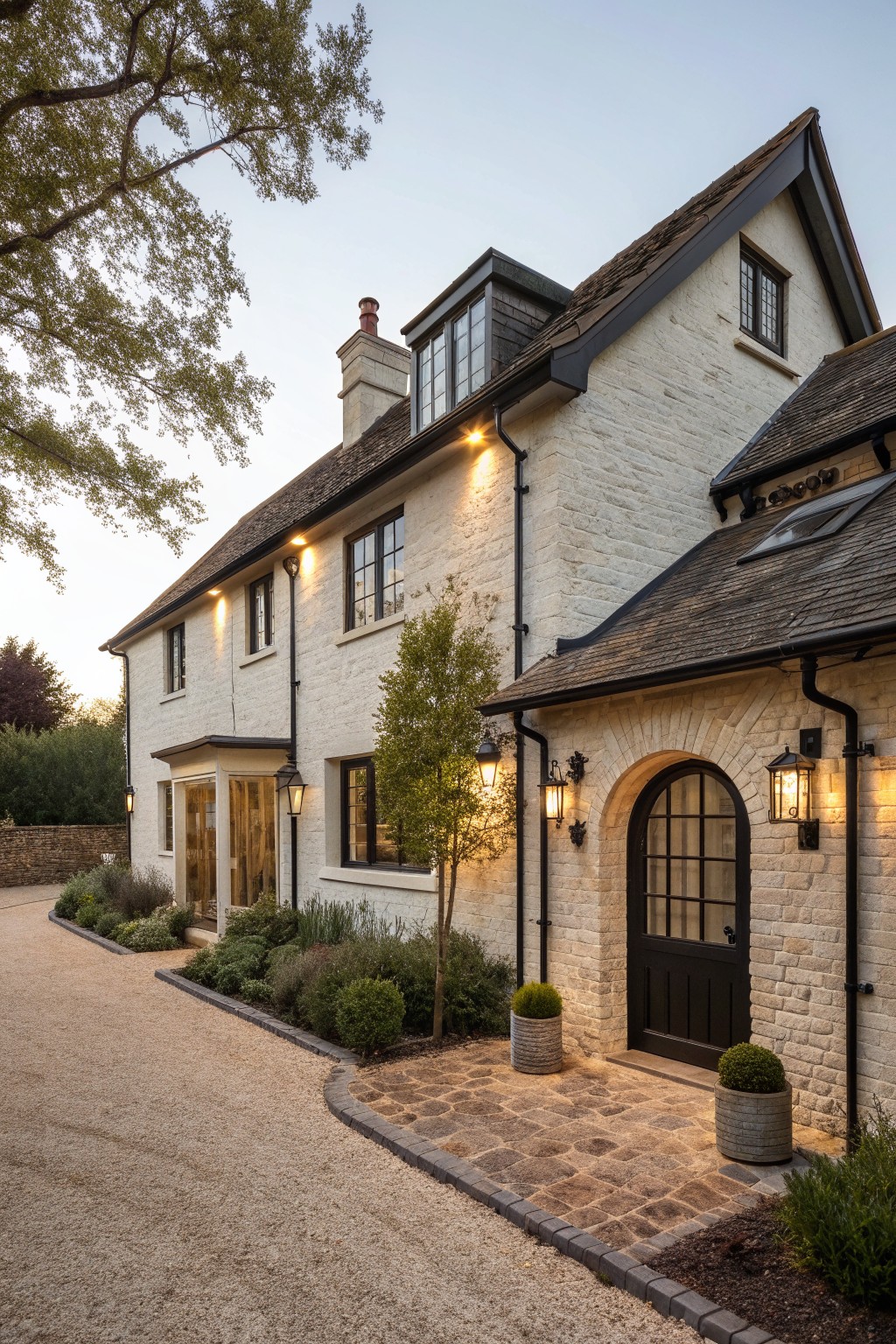 White stone house with dark roof, arched door, cobblestone path, and glowing lanterns.
