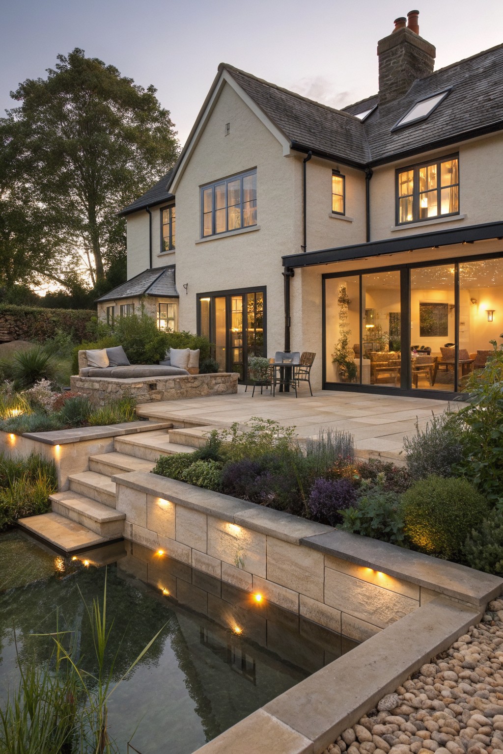 A light-colored farmhouse exterior at dusk with dark-framed windows, a stone patio, and a small pond with steps in the foreground.