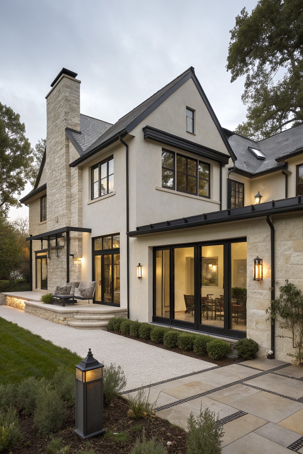 A two-story modern European farmhouse with light stucco and stone walls, black window frames, a stone chimney, and a paved patio with landscaping.