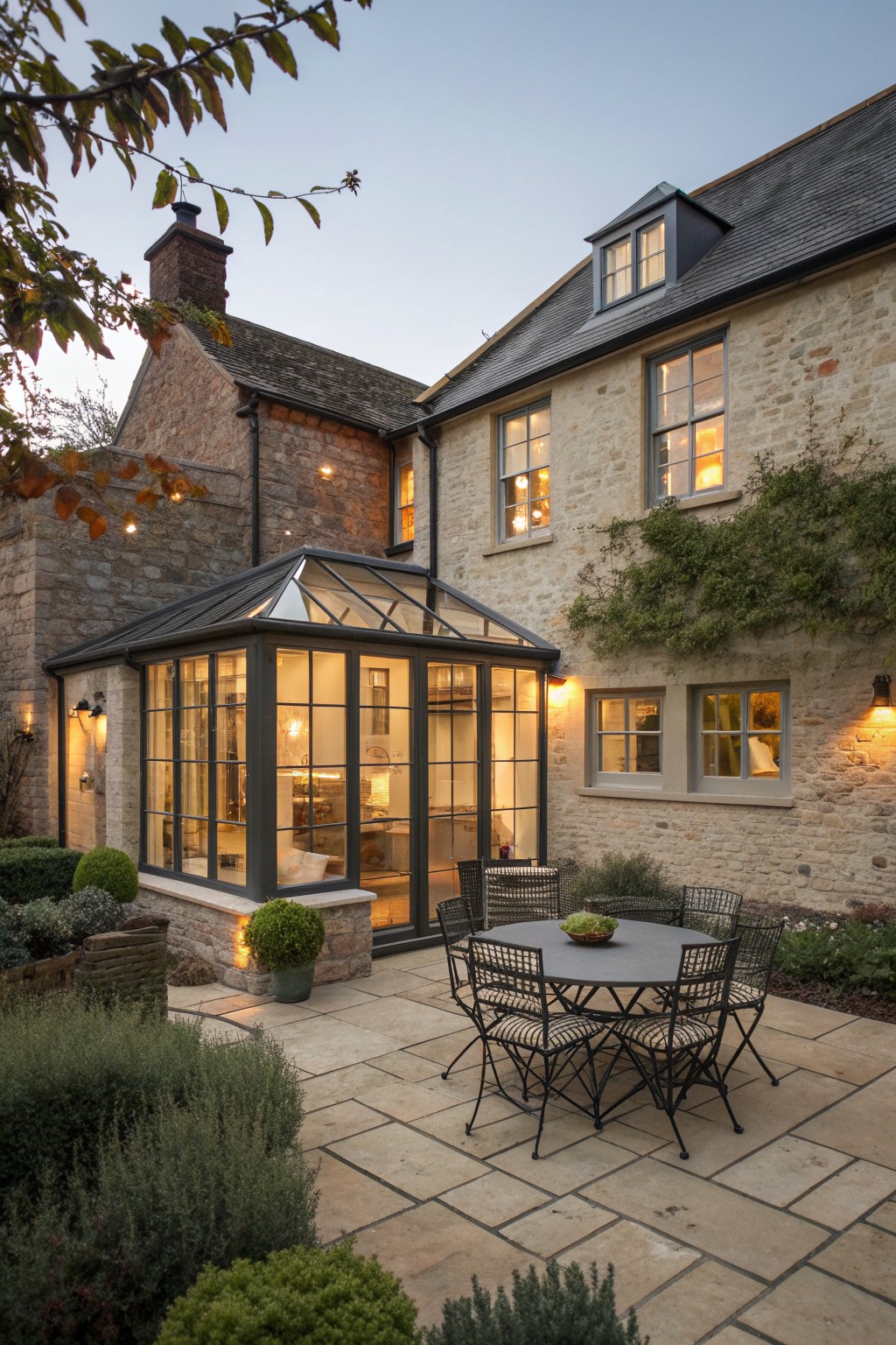 Stone farmhouse exterior with dark-framed glass conservatory, paved patio with seating, and surrounding garden beds at dusk.