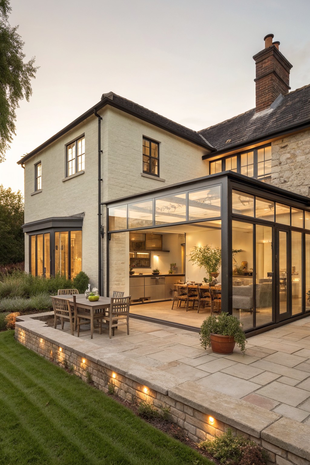 A white brick house with dark-framed windows and a large glass extension opening onto a stone patio with outdoor dining furniture.