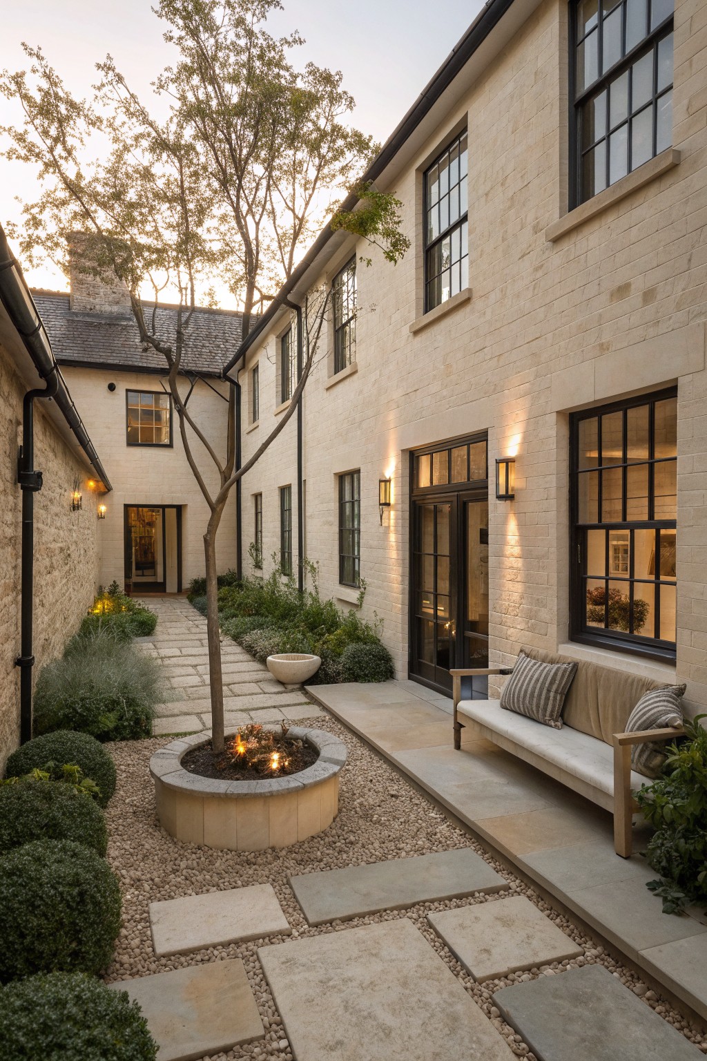 Elegant stone courtyard with fire pit, tree, bench, gravel path, and lit windows