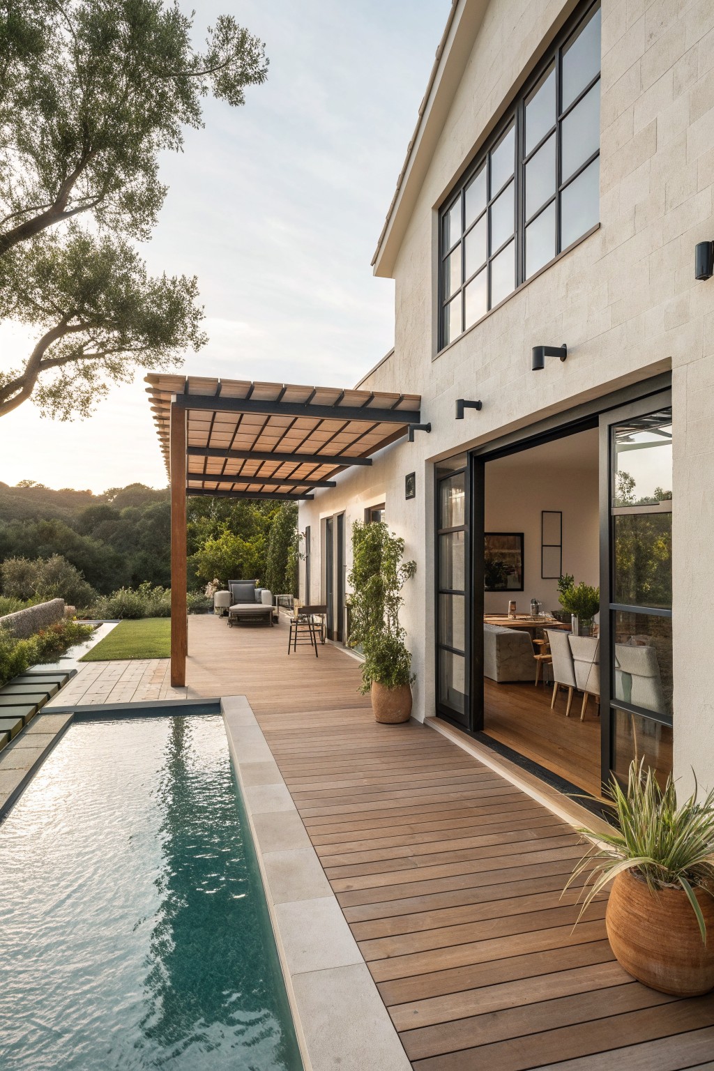 Modern light stone house exterior with large dark-framed windows and sliding doors opening onto a wooden deck beside a pool and pergola.