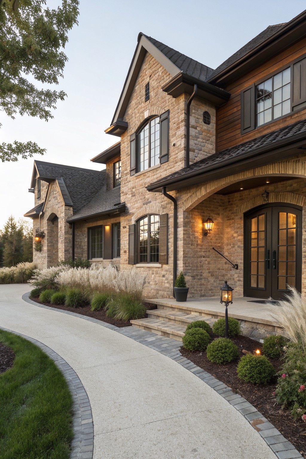 A two-story house exterior featuring stone and wood siding, dark-framed windows of various shapes, and a covered stone entry with double doors.