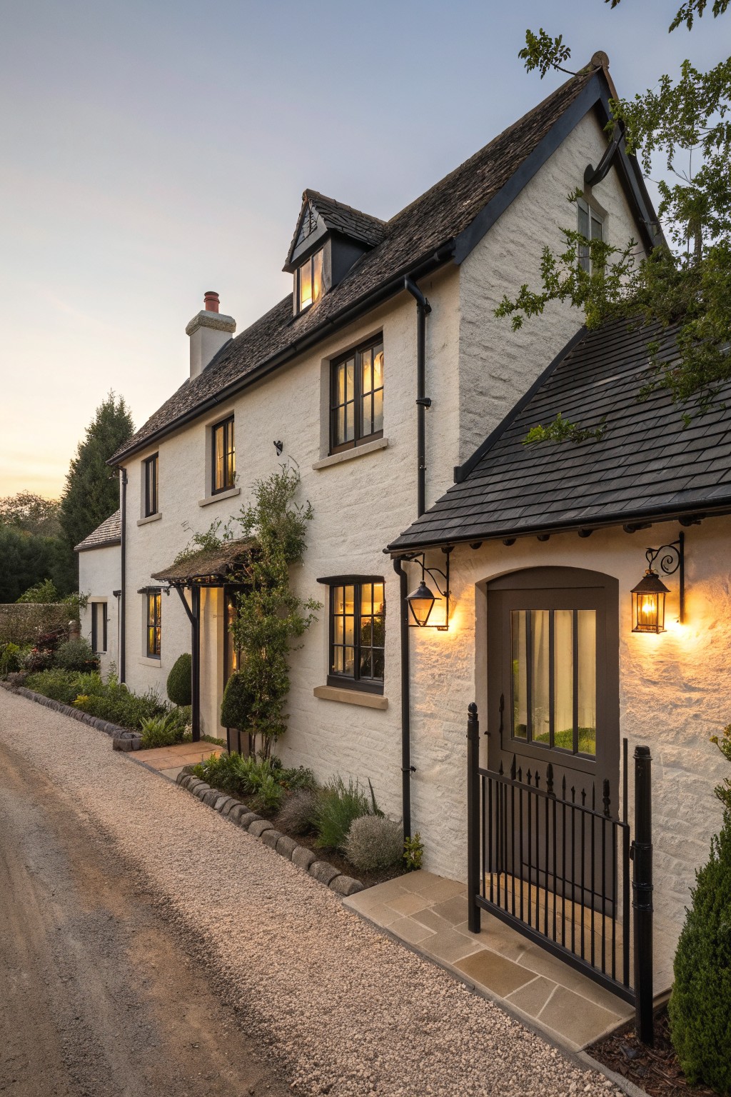 White stone cottage with dark slate roof, glowing windows, and lantern-lit gate