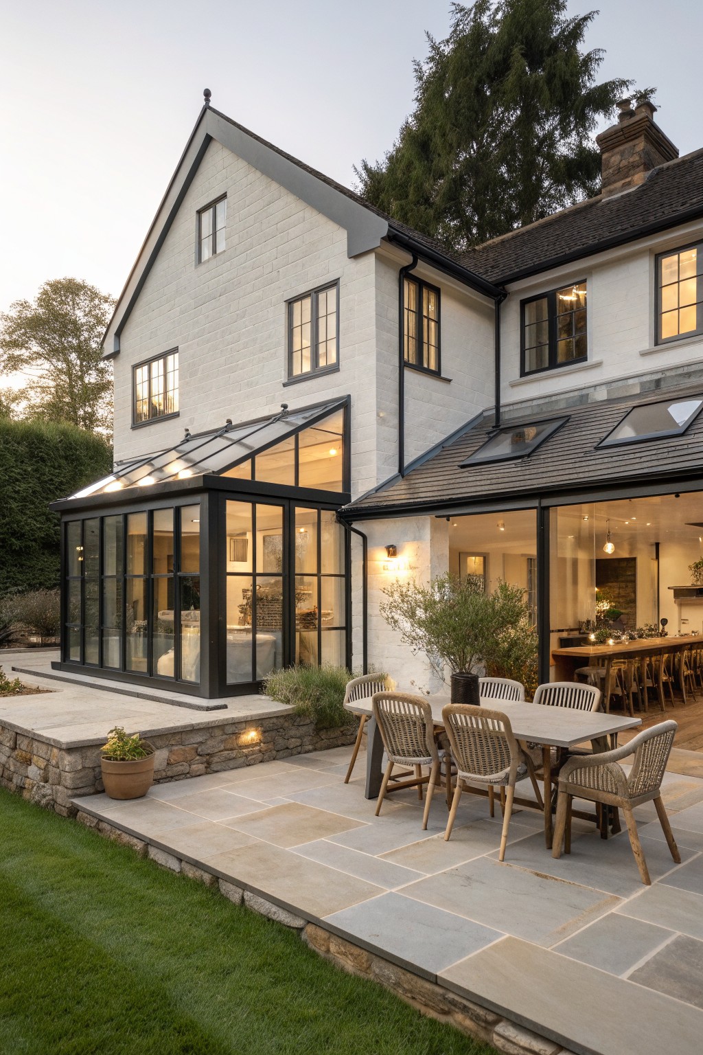 A white brick house with dark-framed windows, a black-framed glass extension, and a stone patio with an outdoor dining table and chairs.