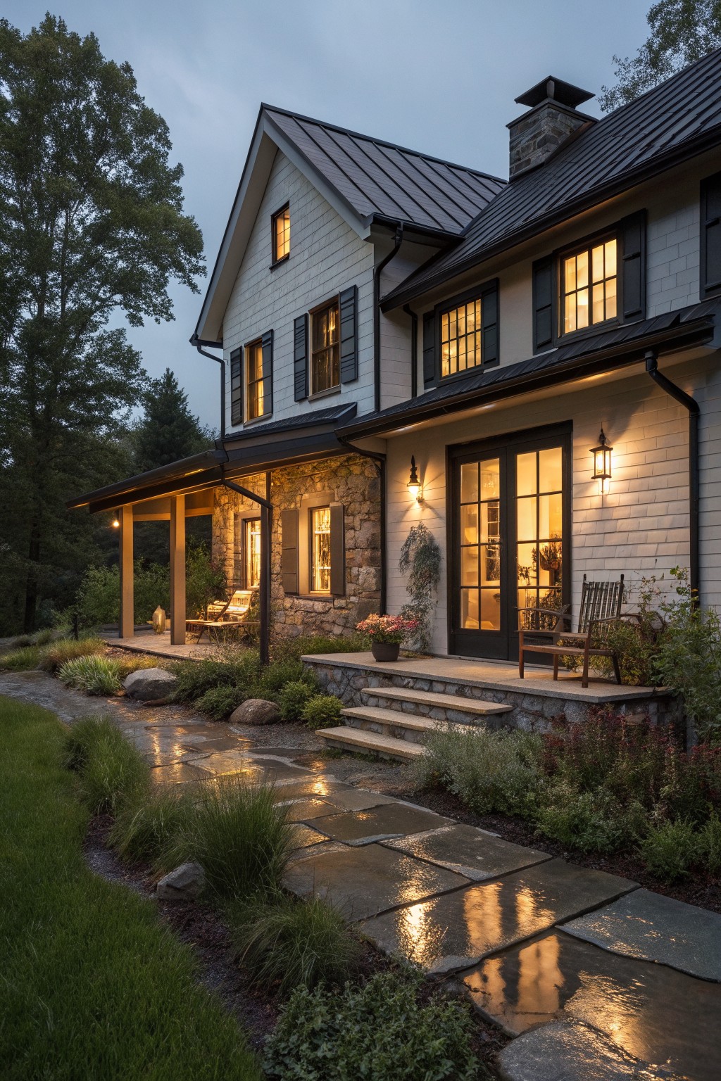 A two-story modern farmhouse exterior at dusk with white siding, stone base, dark window frames, and a stone pathway leading to the front porch.