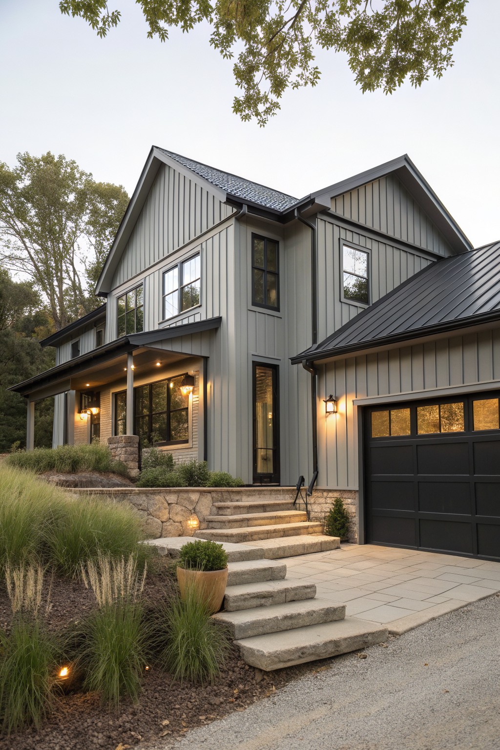 A two-story modern farmhouse exterior with light gray vertical siding, dark-framed windows, a black garage door, stone foundation accents, and concrete steps leading to the front porch.