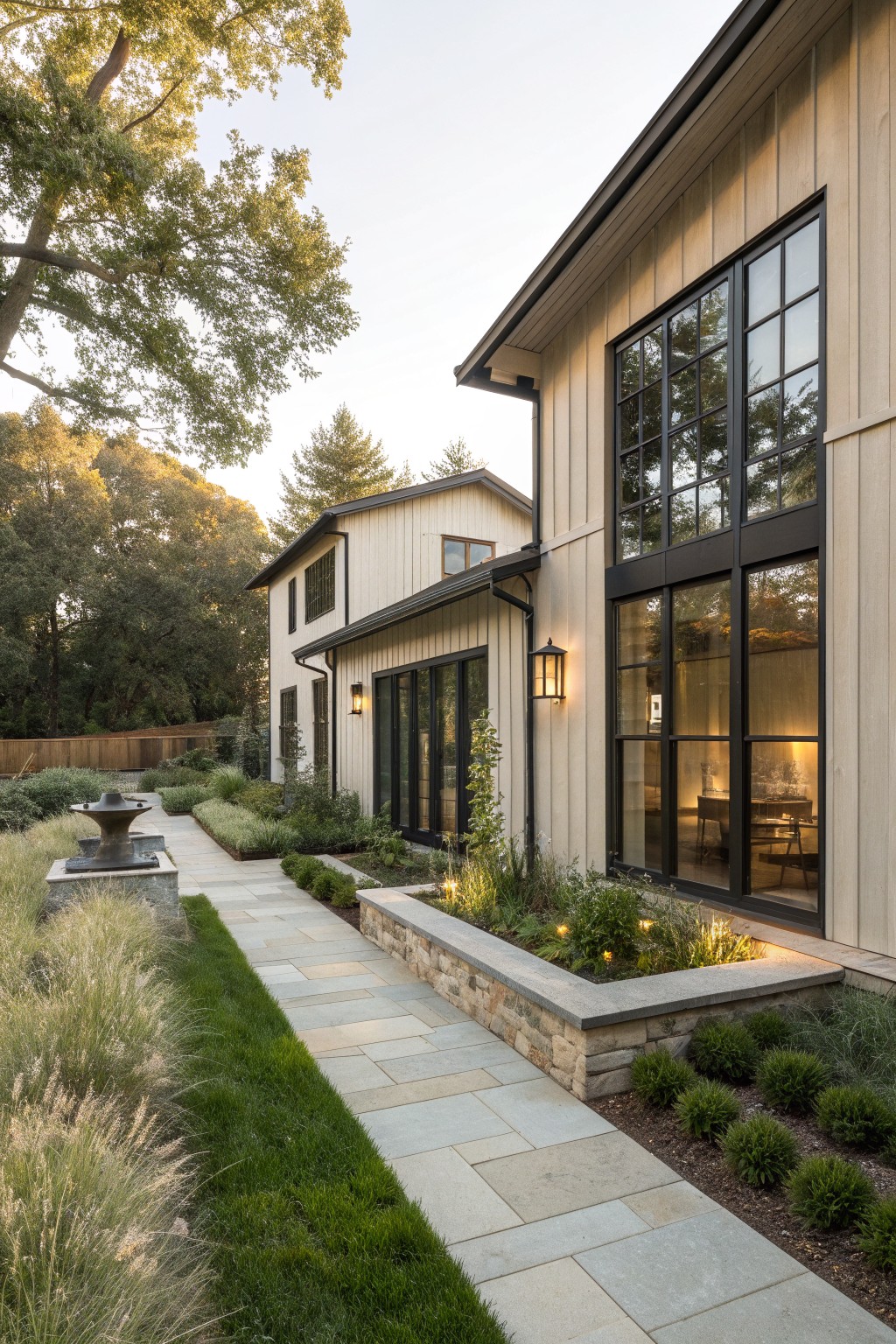 A light wood-sided house exterior with large black-framed windows, a stone-edged garden bed, and a stone pathway running alongside the building.