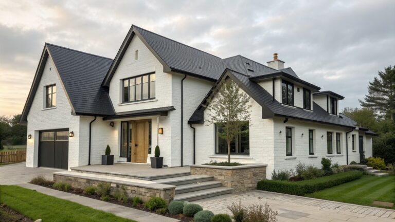 A two-story modern European farmhouse with white brick walls, stone accents at the base, a dark metal roof, and multiple dark-framed windows.