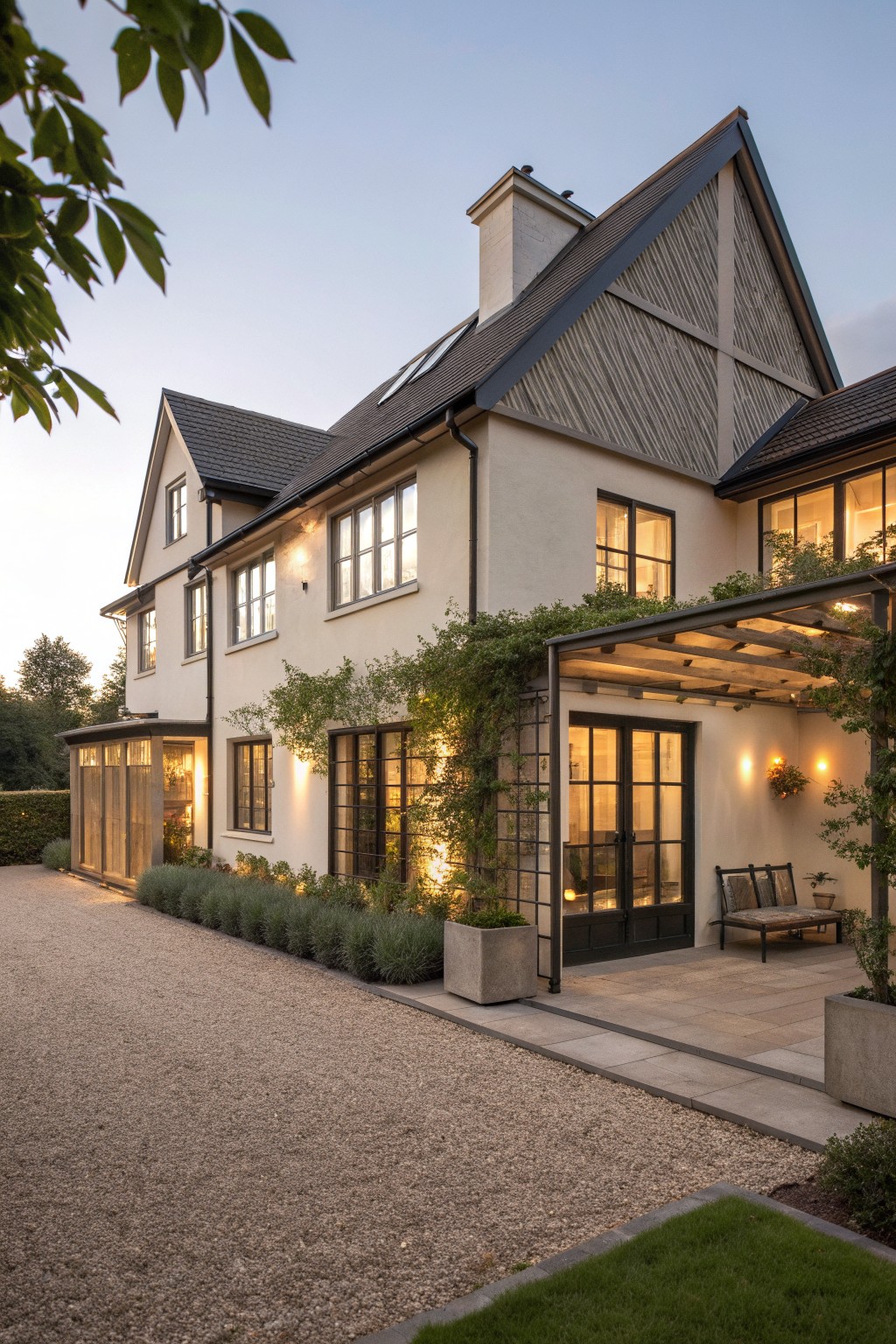 Elegant two-story house with lit windows, patio, bench, and gravel driveway at dusk.