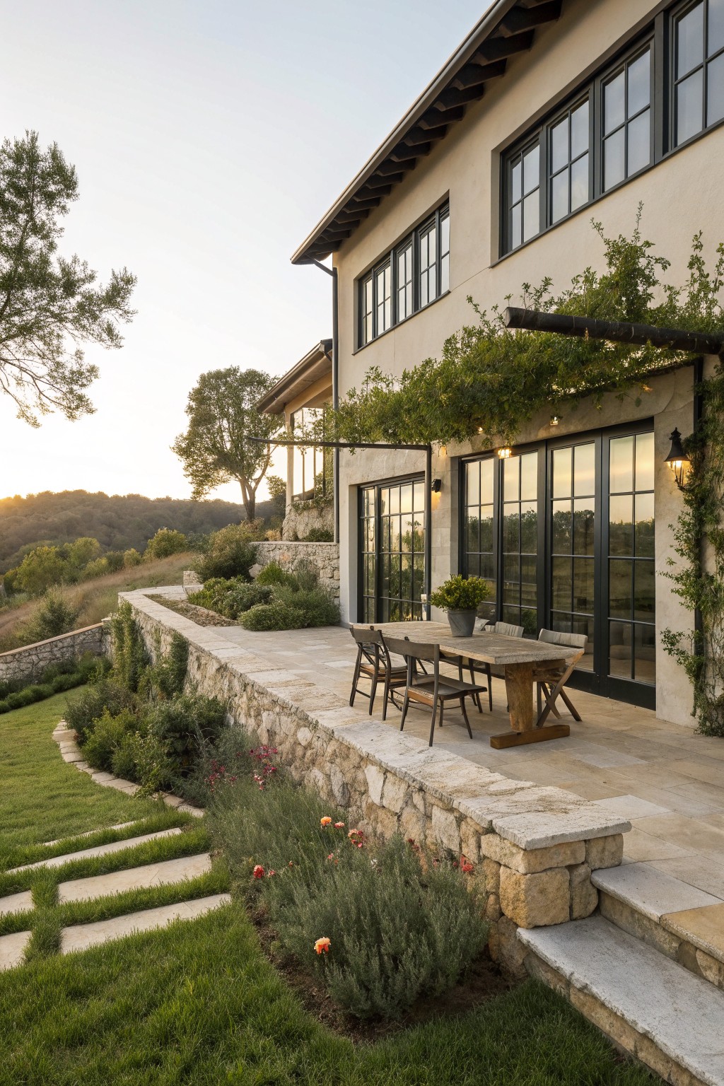 Stone patio with dining table beside stucco house overlooking green hills at dusk