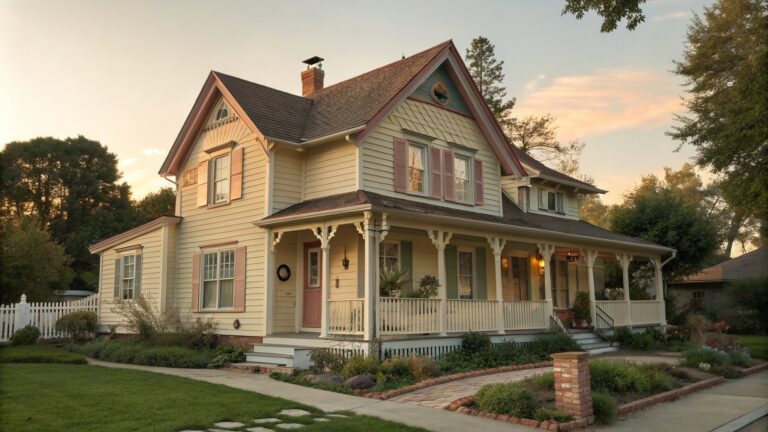 A two-story Victorian house with pale siding, rose and teal trim accents, a wraparound porch, and a steep roof.