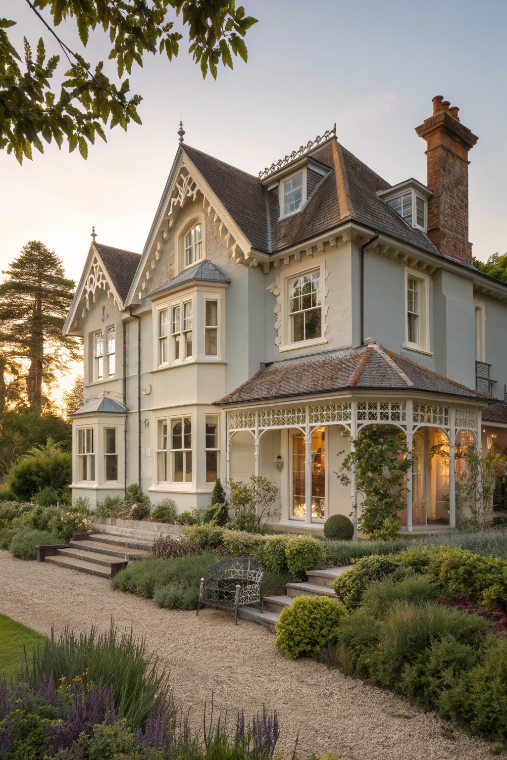 A two-story Victorian house painted in soft blue-gray with white trim, a dark roof, and a landscaped garden with gravel paths.