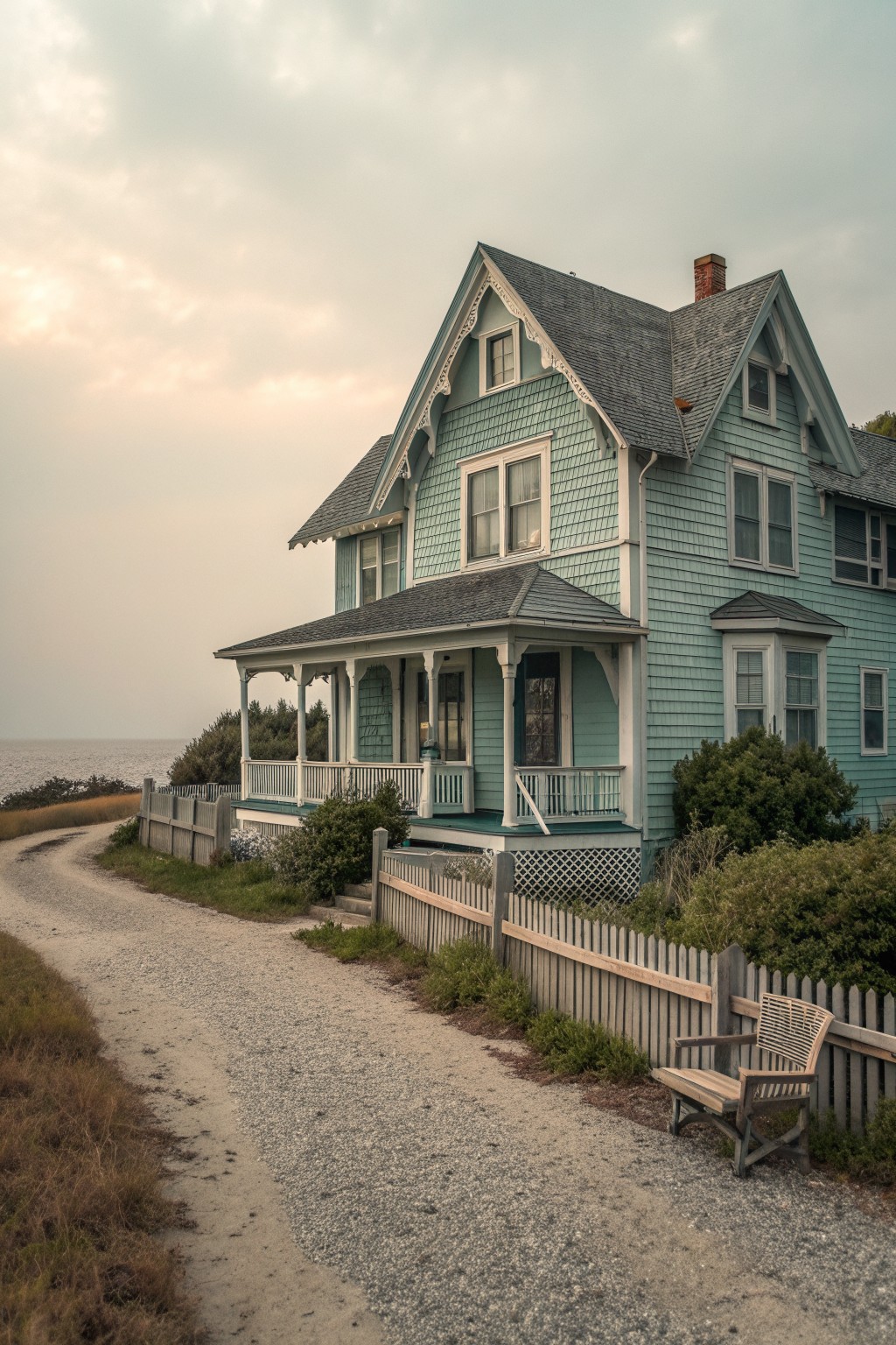 A large Victorian house painted in soft blue-green with white trim stands beside a gravel path near the water.