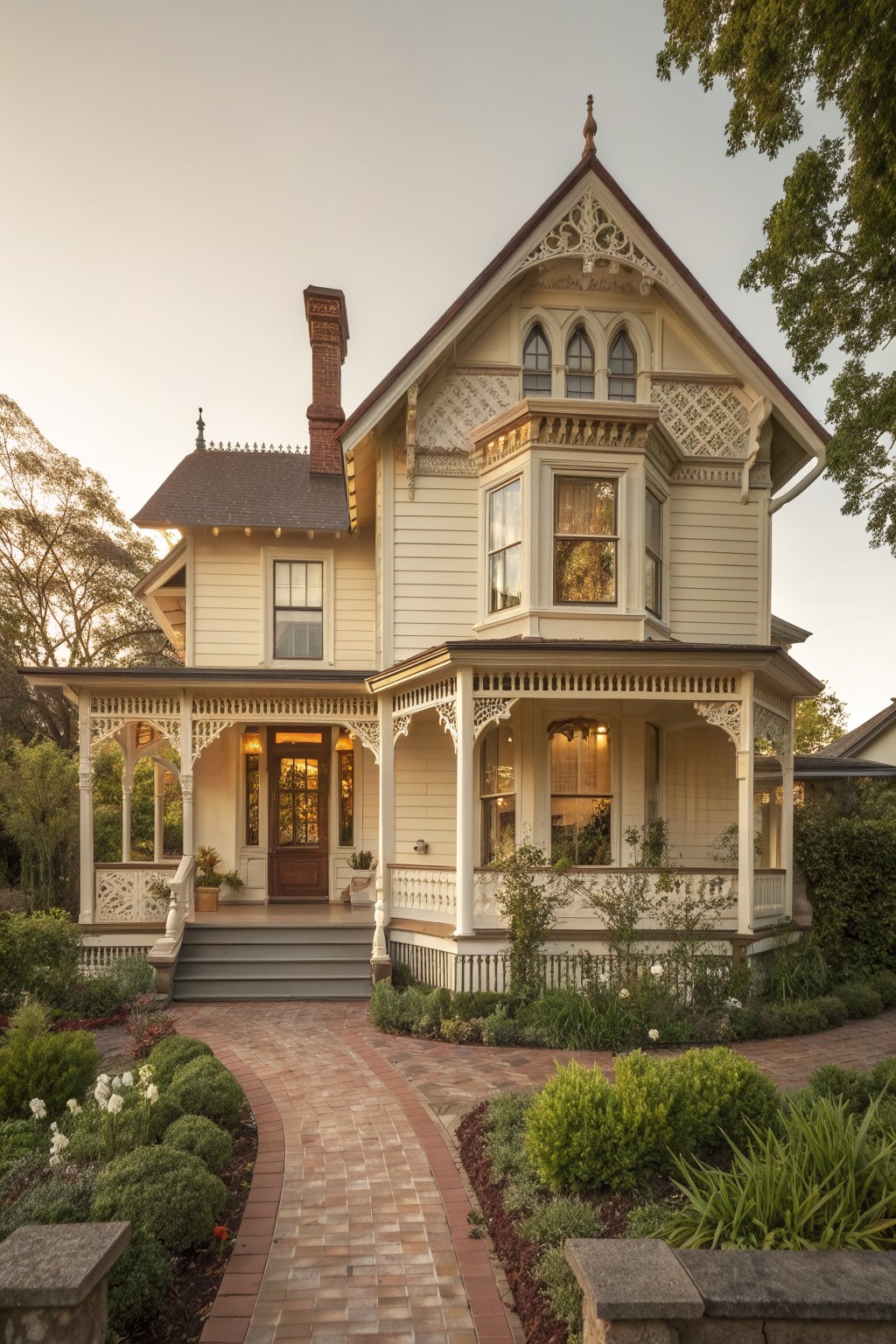 A two-story Victorian house with soft cream siding, white trim, a wraparound porch, and a dark roof.