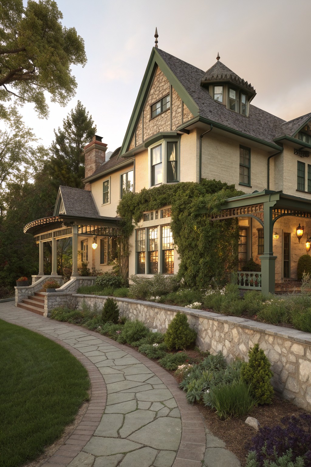 Elegant Victorian house with green trim, ivy walls, stone path, and glowing windows at dusk.