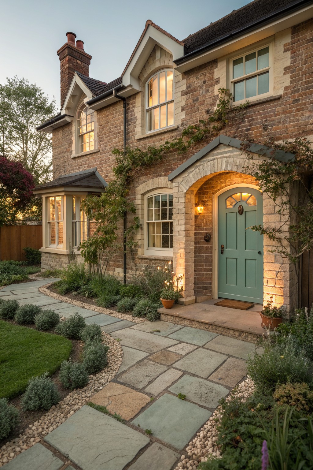 A brick house exterior with a light teal door under a stone arch, a stone pathway, and climbing plants on the facade.