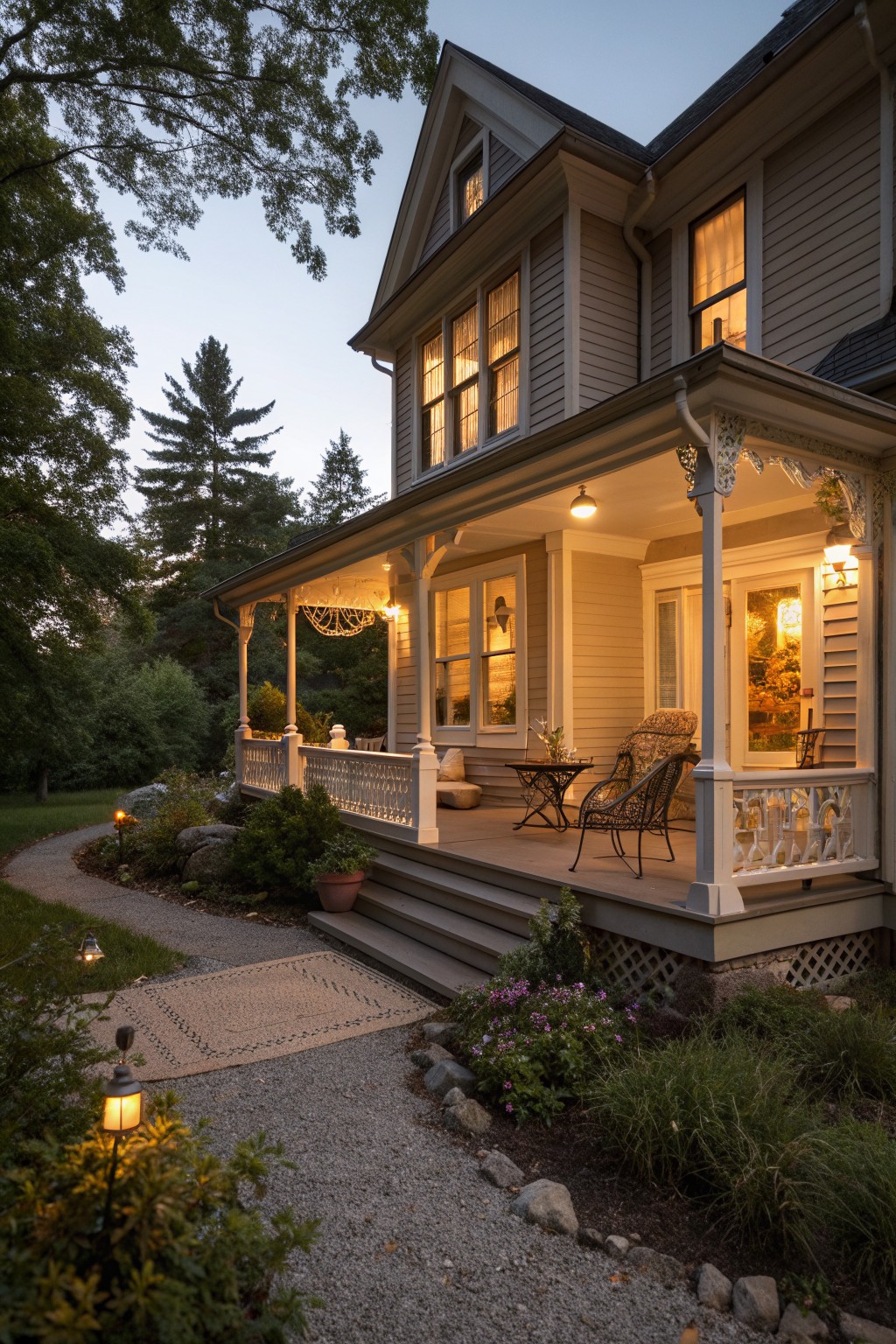A two-story Victorian house with light gray siding, white trim, and an illuminated wraparound porch at dusk.