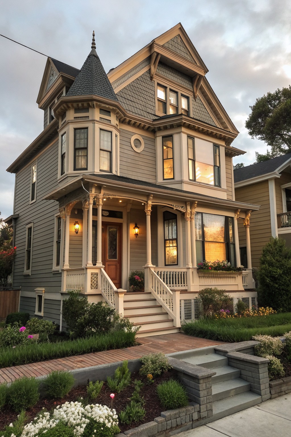 A two-story Victorian house with soft gray siding, cream trim, a dark shingled turret, and a wide front porch with wooden steps and railings.