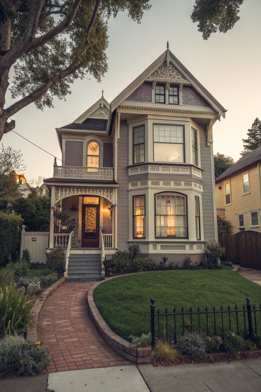 Ornate gray Victorian house with turret, bay windows, porch, and brick walkway to lawn.