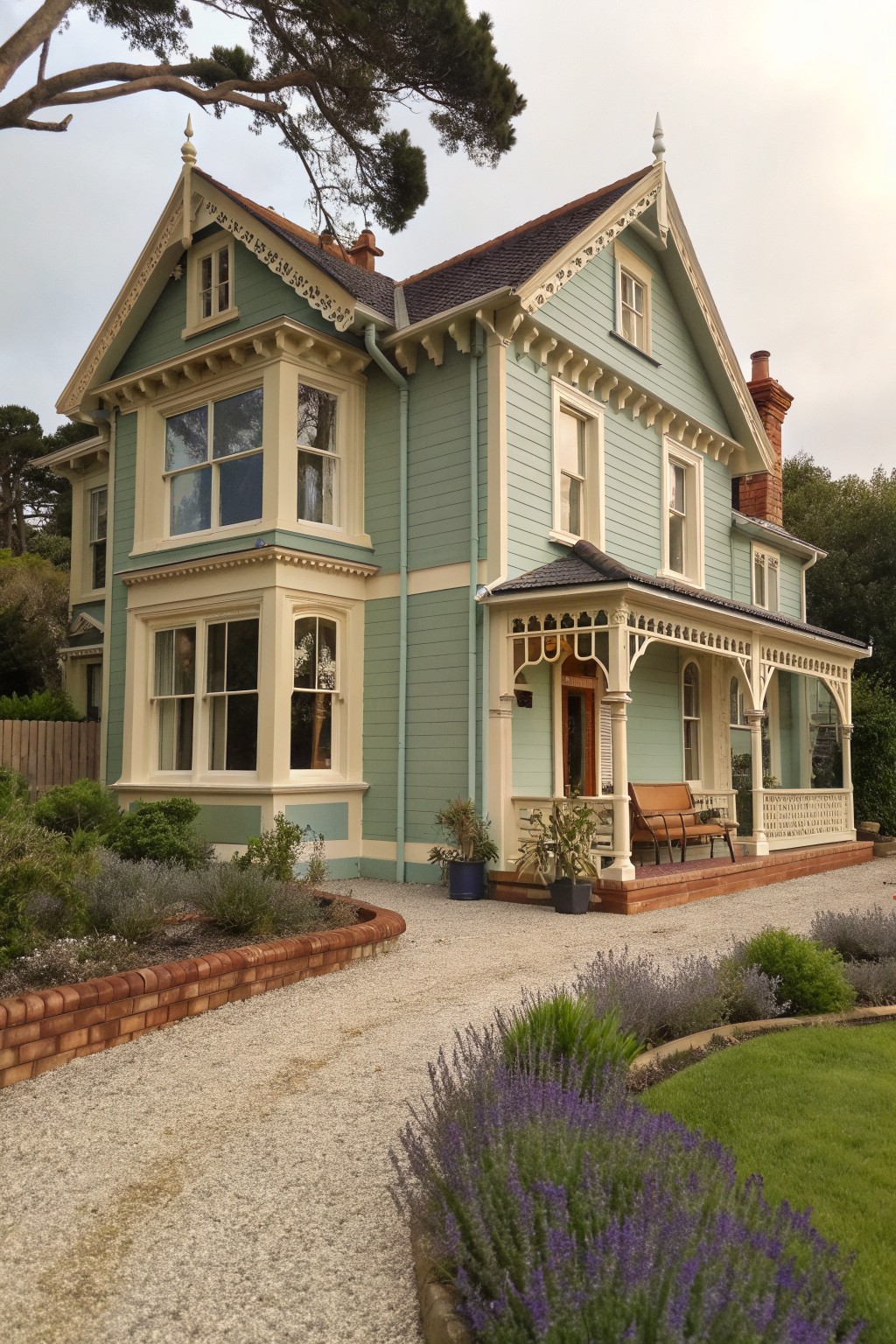 A two-story Victorian house with soft green siding, cream trim, a covered front porch, and gravel landscaping in front.