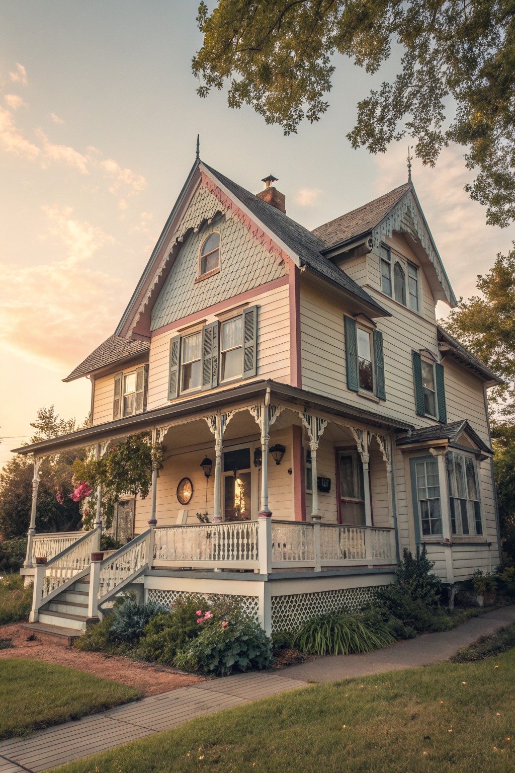 A two-story Victorian house with pale siding, rose and teal trim accents, a wraparound porch, and a steep roof.