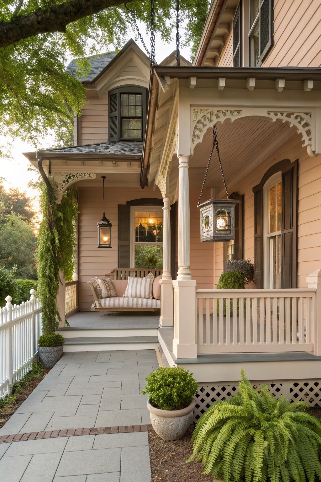 A Victorian house exterior with soft peach siding, white porch columns, dark shutters, hanging lanterns, and potted plants beside a stone path.