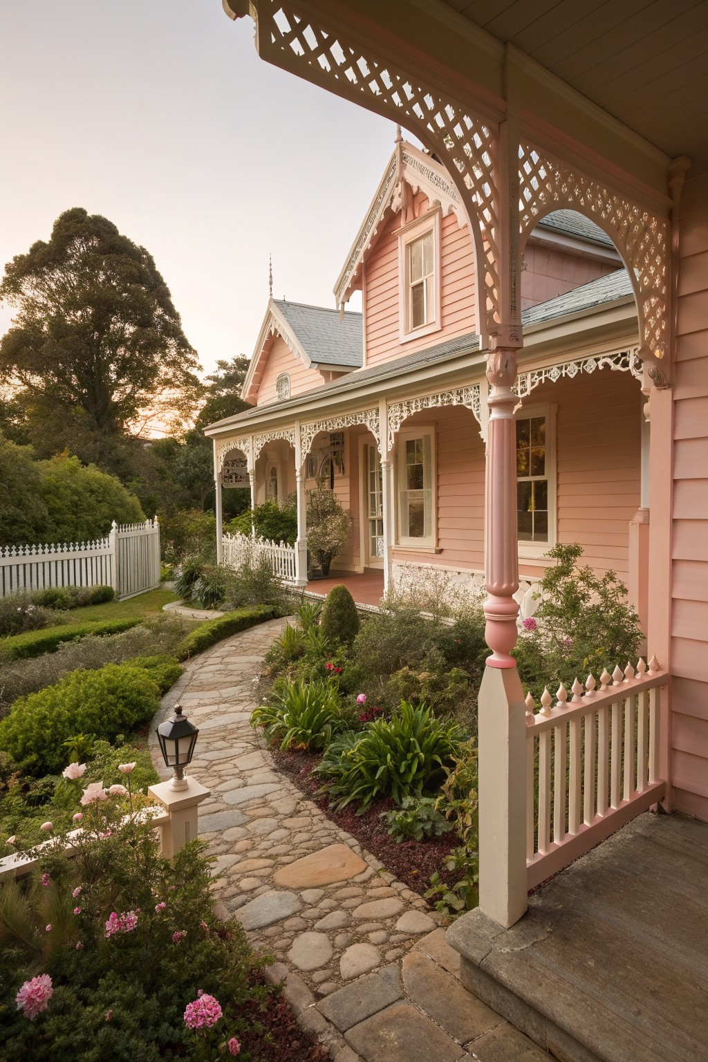 A pink Victorian house with white trim, lattice work on the porch, and a stone path leading through a garden.
