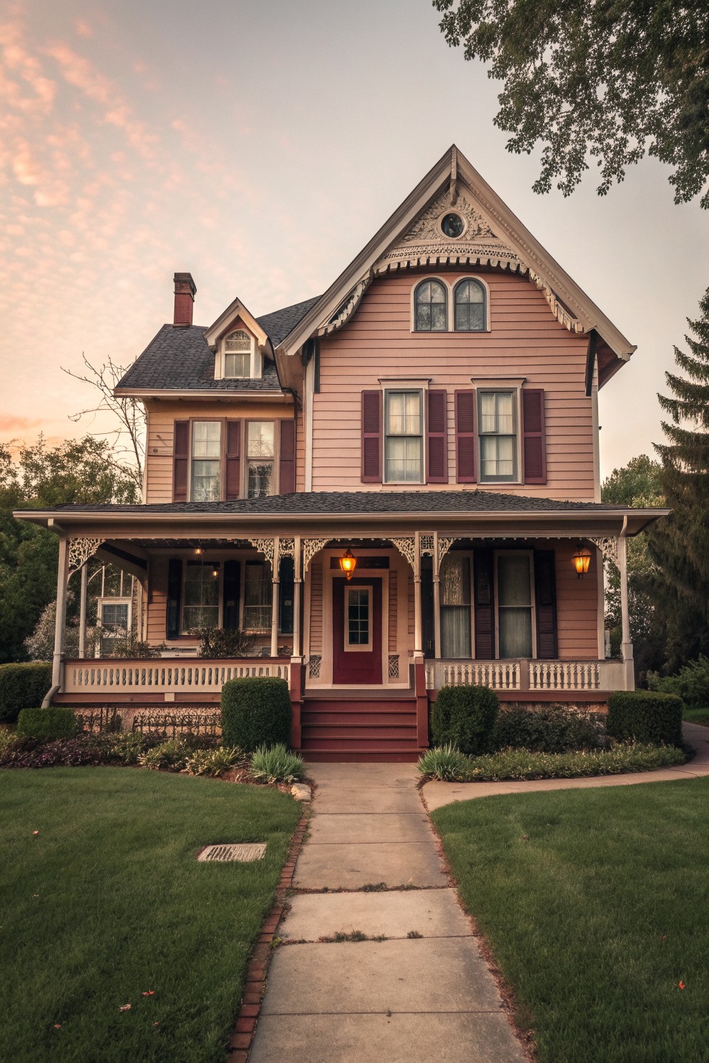 A two-story Victorian house with soft pink siding, maroon shutters, a red front door, and a wide covered porch.