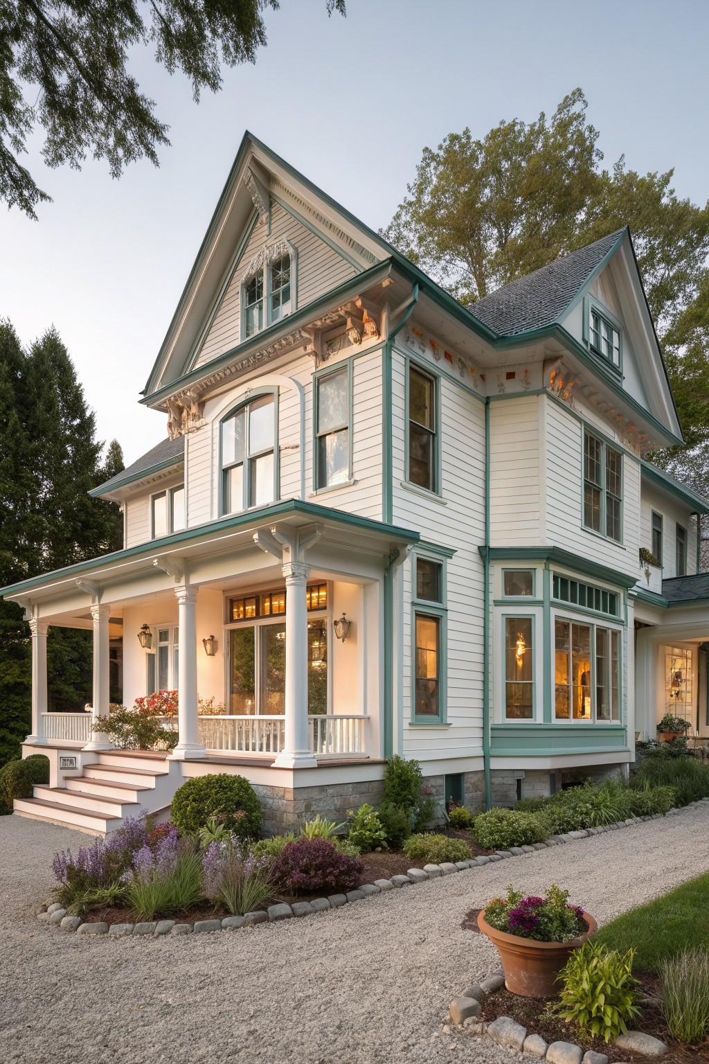 A two-story Victorian house with white siding and soft teal trim on the windows, eaves, and porch columns, shown from the front with a gravel driveway and garden beds.