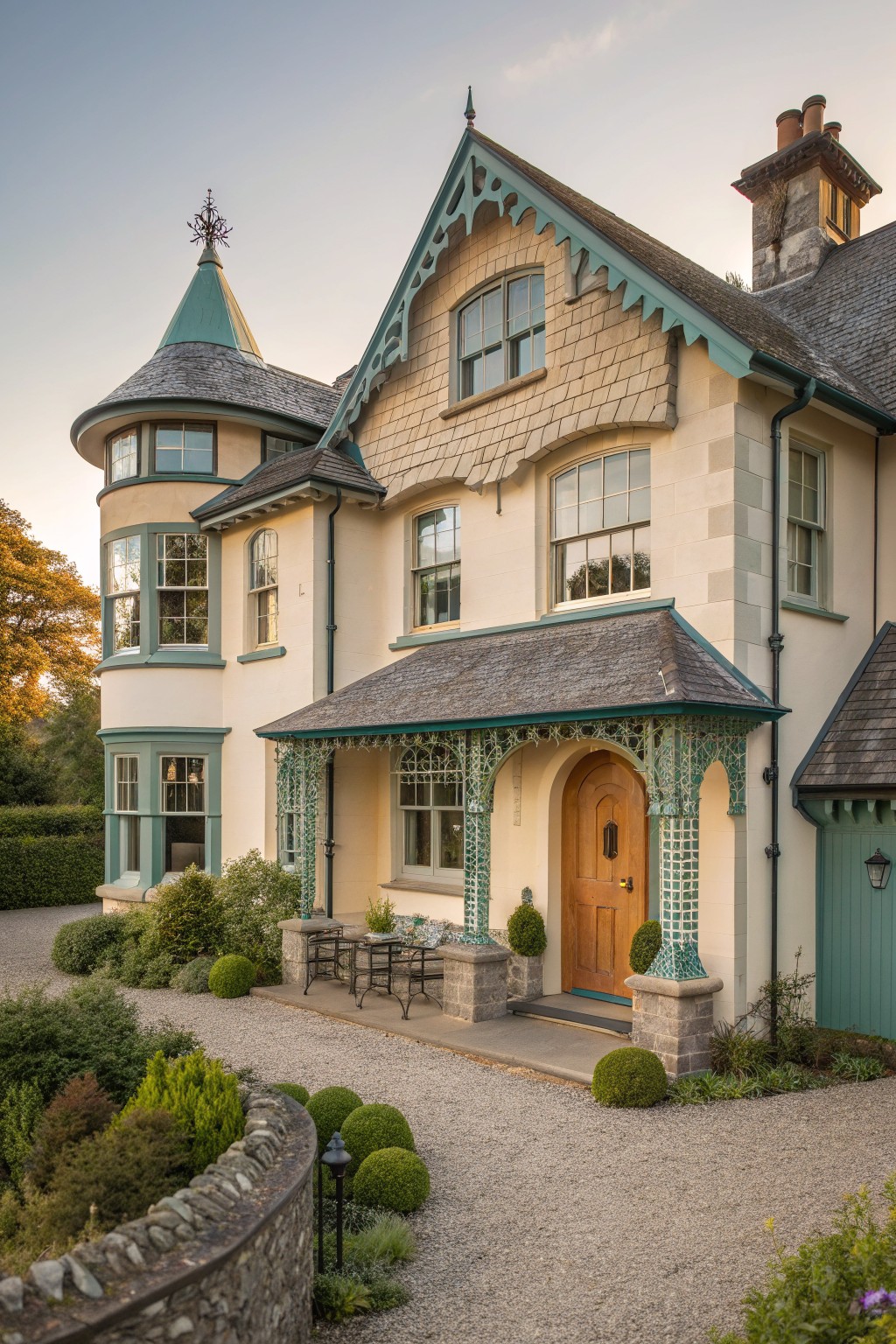 Elegant Victorian house with teal-trimmed turret, ornate porch, wooden door, and garden.