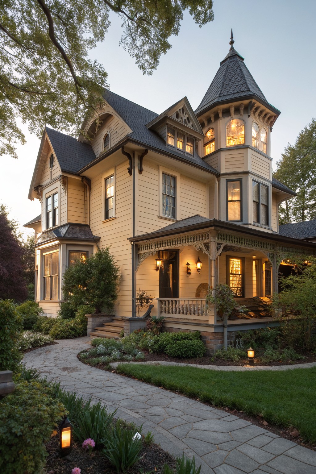 Victorian house with pale yellow siding, dark turret, lit windows, and garden pathway