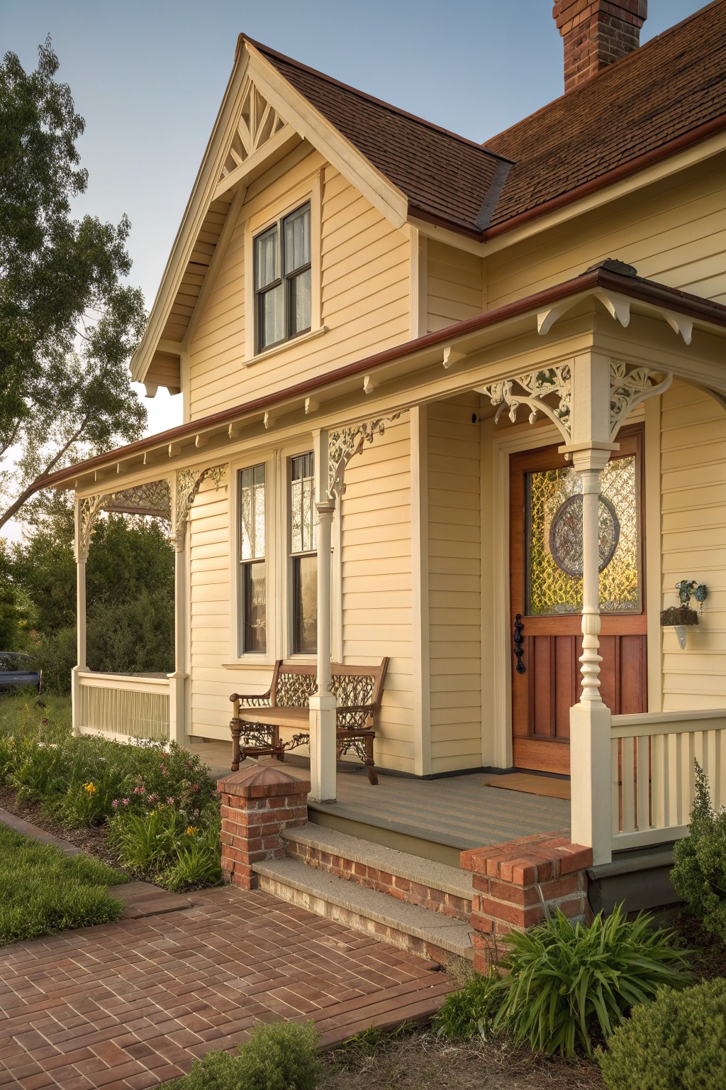 Yellow Victorian house with ornate white porch, wooden bench, brick steps and path.