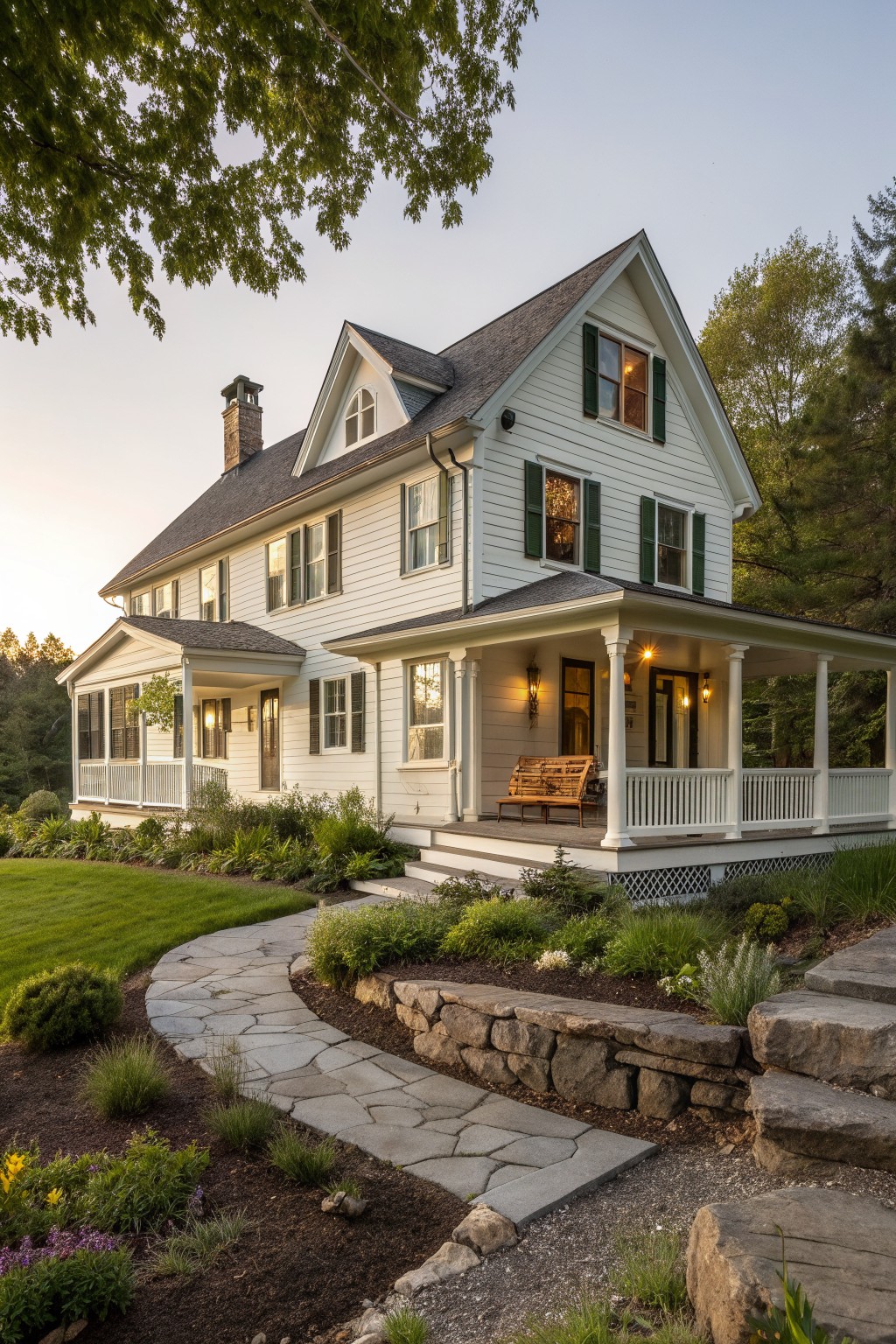 A white Victorian house with green shutters, a covered porch, and stone landscaping in front.