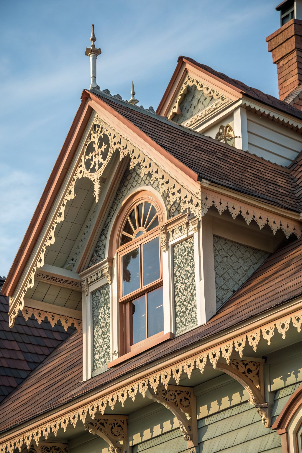 A close-up of a Victorian house gable featuring ornate wooden trim, an arched window with sunburst pattern, and dark brown roofing.