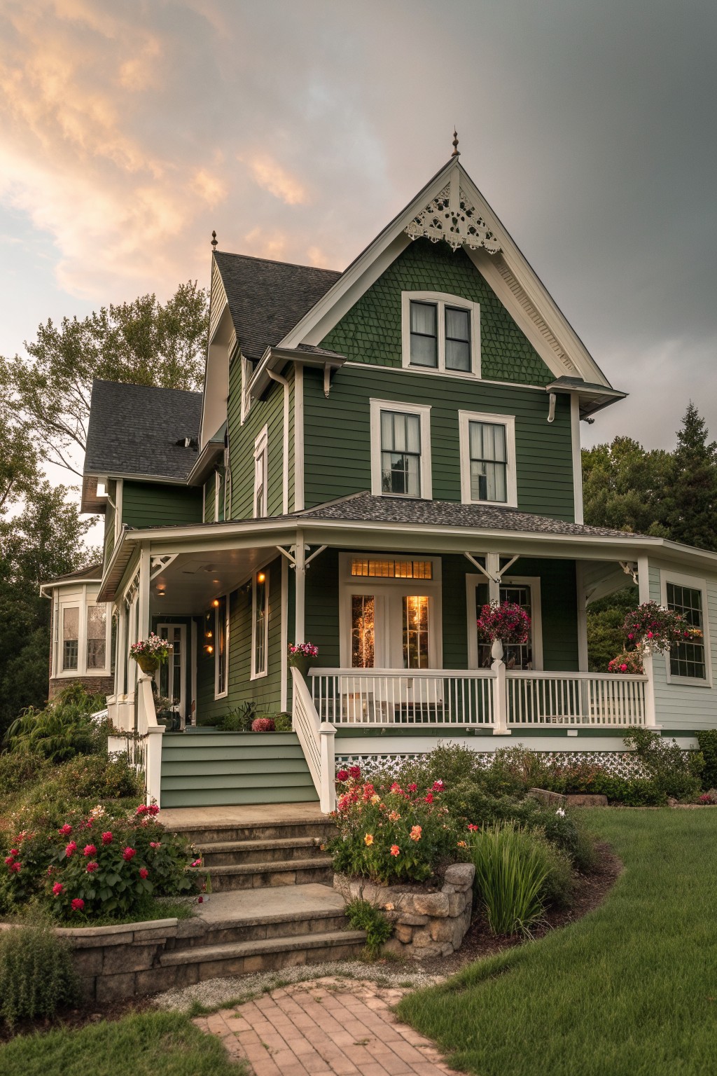 A green Victorian farmhouse with a large front gable featuring white decorative trim above a wraparound porch.