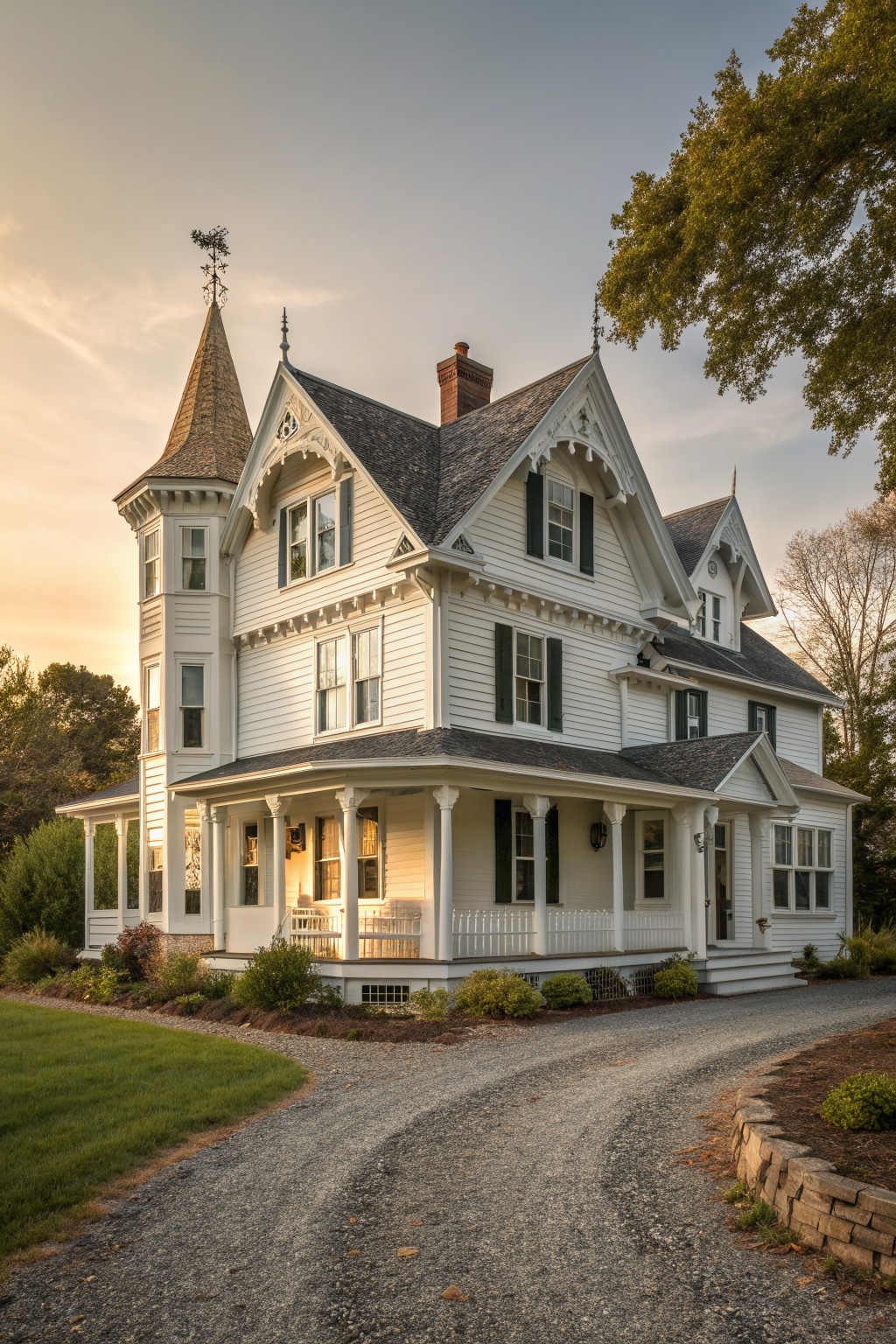 Ornate white Victorian house with turret, wraparound porch, dark shutters, and gravel driveway