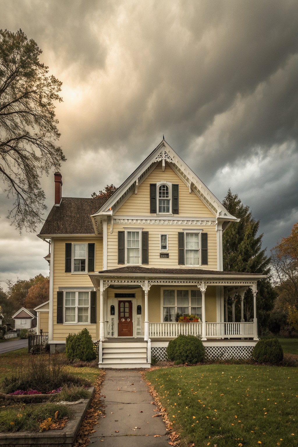 A two-story yellow Victorian farmhouse with a prominent central gable, white trim, dark shutters, and a front porch under an overcast sky.