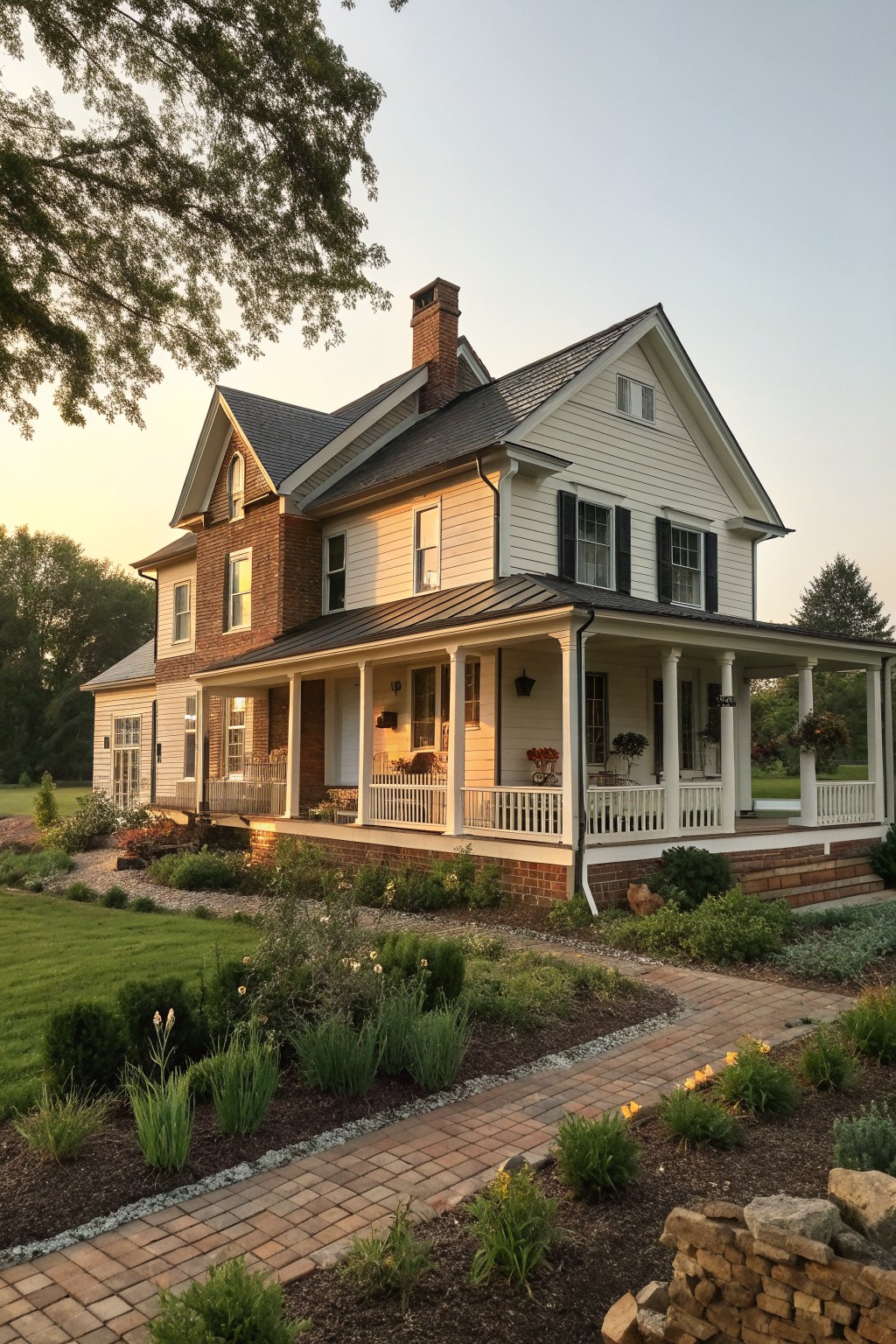 Two-story white house with wrap-around porch, brick path, and garden at dusk