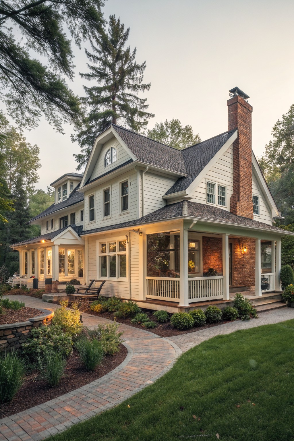 A two-story white Victorian farmhouse with multiple dark-shingled gables of varying sizes, a tall brick chimney, and a wraparound porch with white railings set in a landscaped yard with brick pathways.