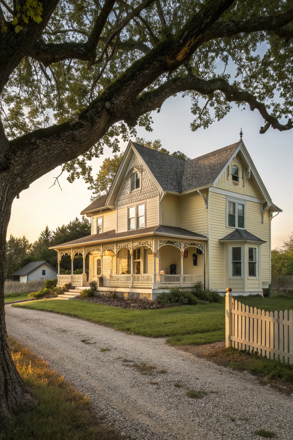 A pale yellow Victorian farmhouse with steep gables covered in patterned shingles, a wraparound porch, and a gravel driveway in the foreground.