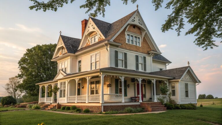 A large two-story Victorian farmhouse with multiple steep gables, ornate bargeboard trim, shingle siding, and a wraparound porch viewed from the front lawn at dusk.