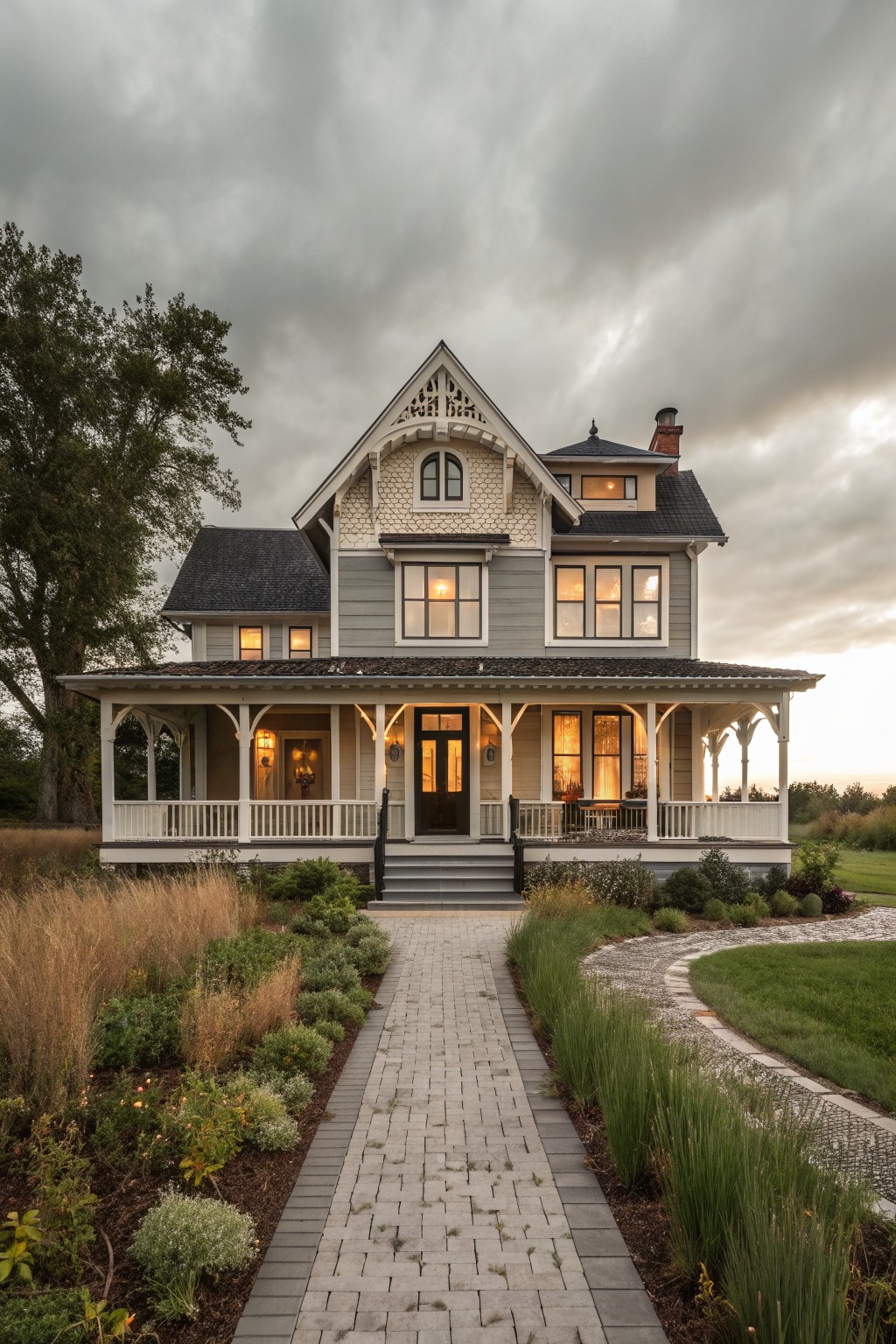 A two-story Victorian farmhouse exterior with a large central gable featuring white decorative trim, fish scale shingles, and a covered front porch.