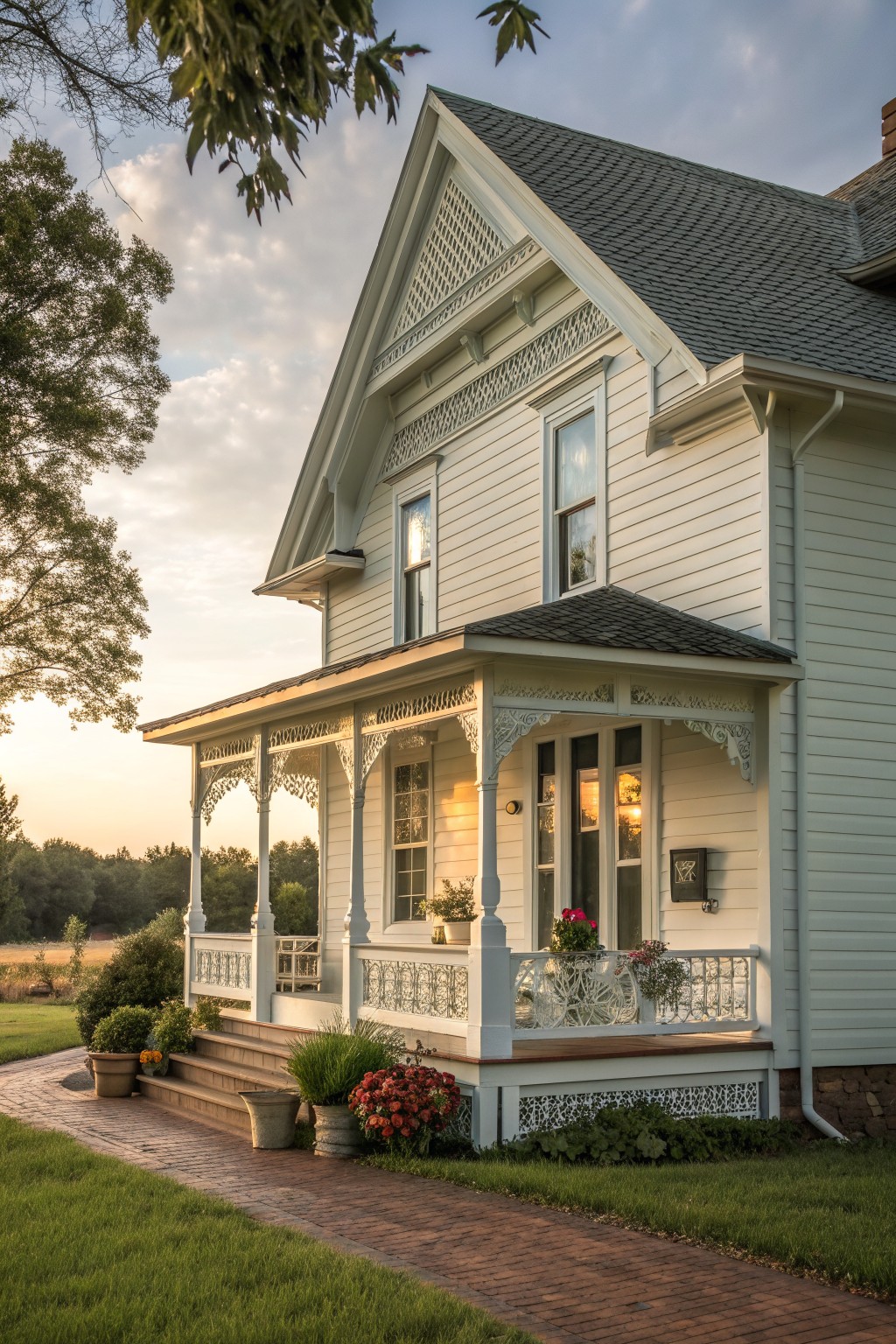 A white Victorian farmhouse exterior showing a gable with white lattice detailing above a porch.