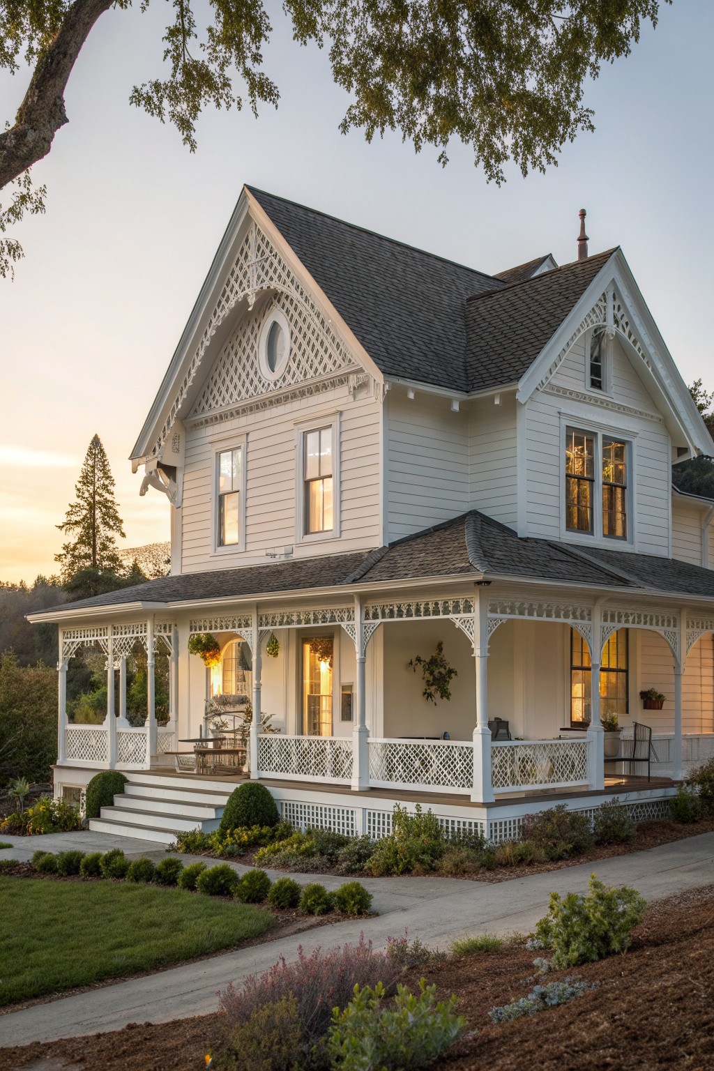 A white Victorian farmhouse with decorative white latticework filling the peaks of two front gables above a wrap-around porch.