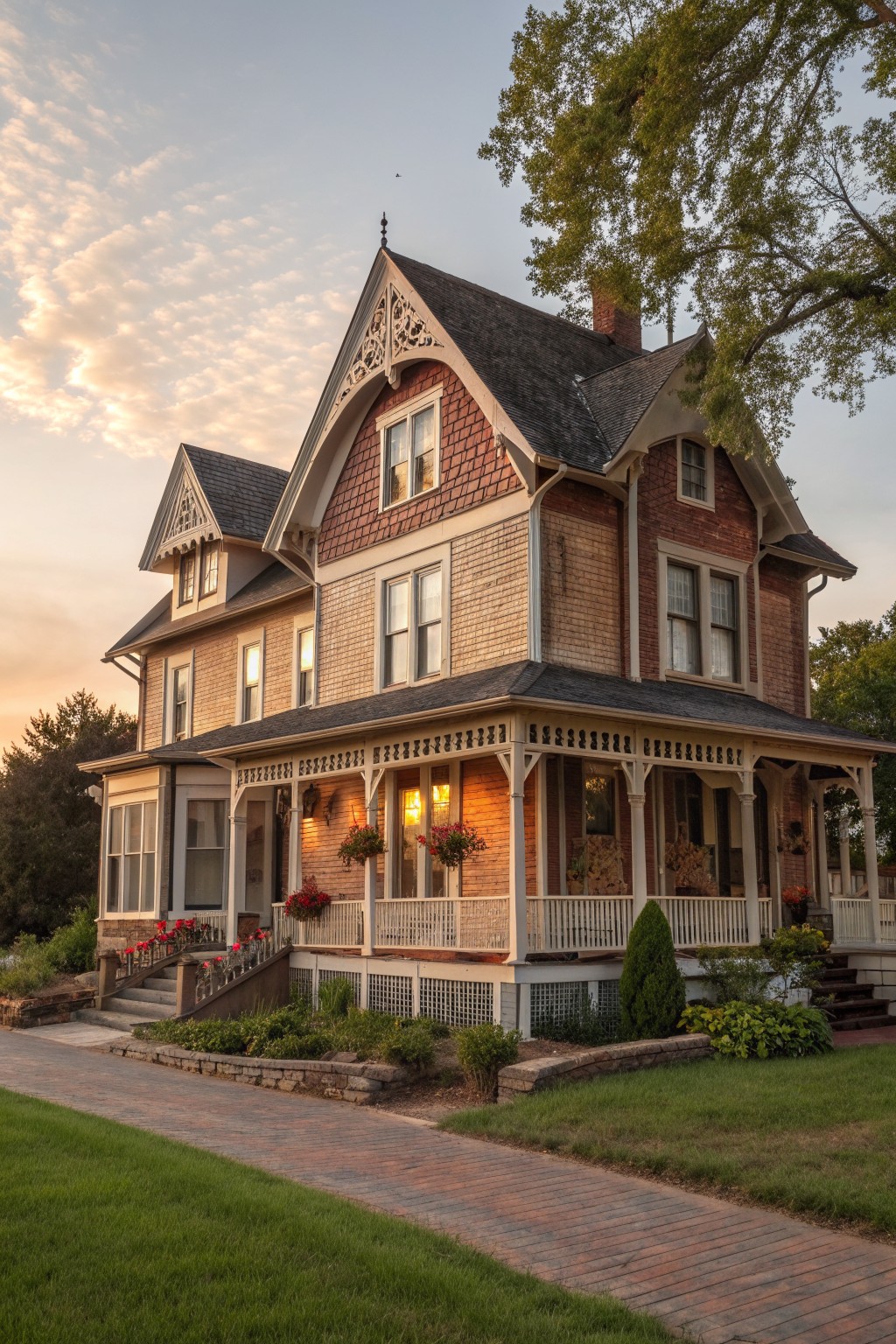 A large two-story Victorian farmhouse with multiple steep gables, ornate bargeboard trim, shingle siding, and a wraparound porch viewed from the front lawn at dusk.